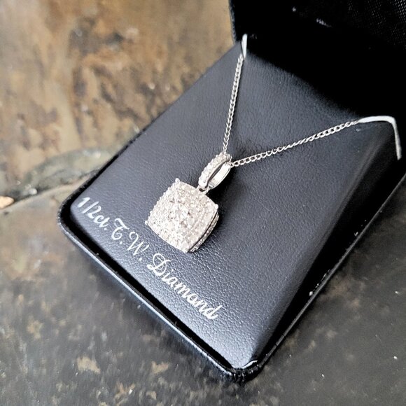 Sterling Silver 1/2 ct. T.W. Diamond Square Pendant Necklace 18"in - Picture 2 of 5